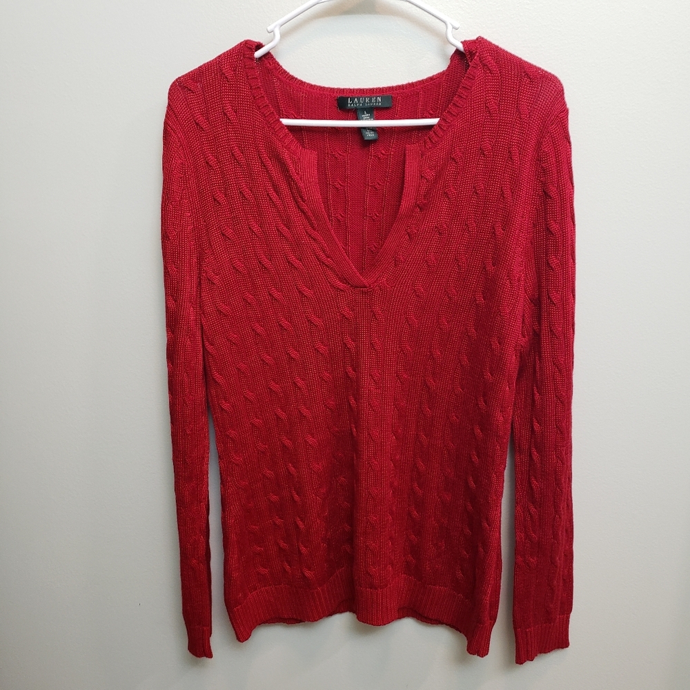 Lauren Ralph Lauren Red Cable Knit Sweater Size Large Holiday